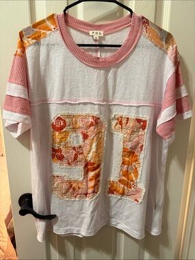 POL  White & Pink Floral Patch Number Tee
